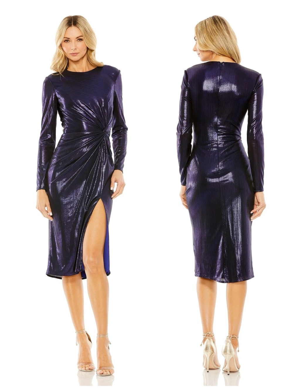 leena Mac Duggal | 27161 Purple Metallic Knot Front Slit Midi Cocktail Dress 12